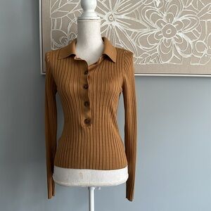 GOOD AMERICAN Plaited Ribbed Polo Shirt Color Bronze Size 1/2